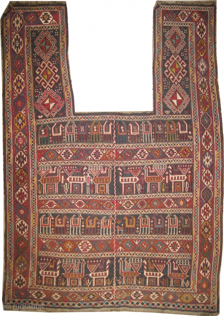 

Horse cover Soumak Caucasian, woven circa in 1920 antique, collector's item, 164 x 115 (cm) 5' 5" x 3' 9"  carpet ID: A-215
Woven with hand spun wool with Soumak technique, the  ...