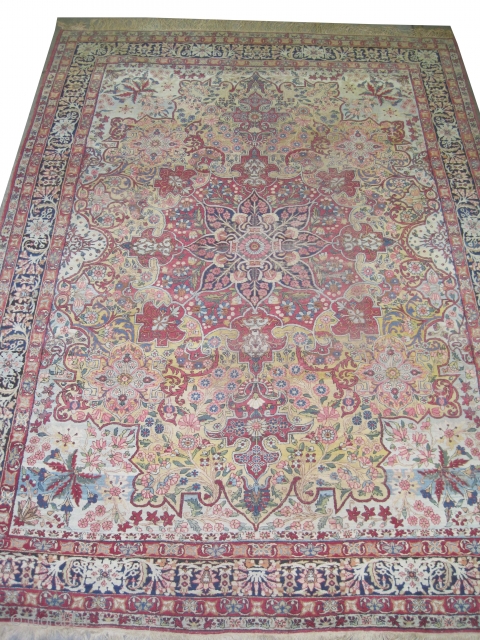 	

Kirman Lavar Persian knotted circa in 1915 antique,  378 x 282 (cm) 12' 5" x 9' 3" 
 carpet ID: P-5339
The background color is pale yellow, the center medallion is indigo  ...