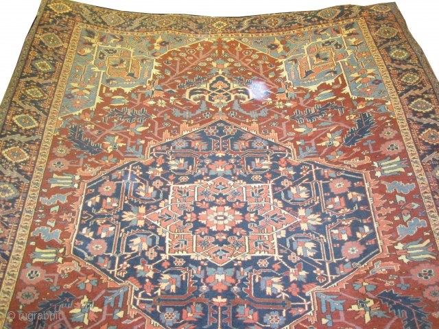 
Serapi-Heriz Persian knotted circa in 1890 antique, 352 x 265 (cm) 11' 6" x 8' 8"  carpet ID: P-5415
The black color is oxidized, high pile, in good condition, finely knotted, soft  ...