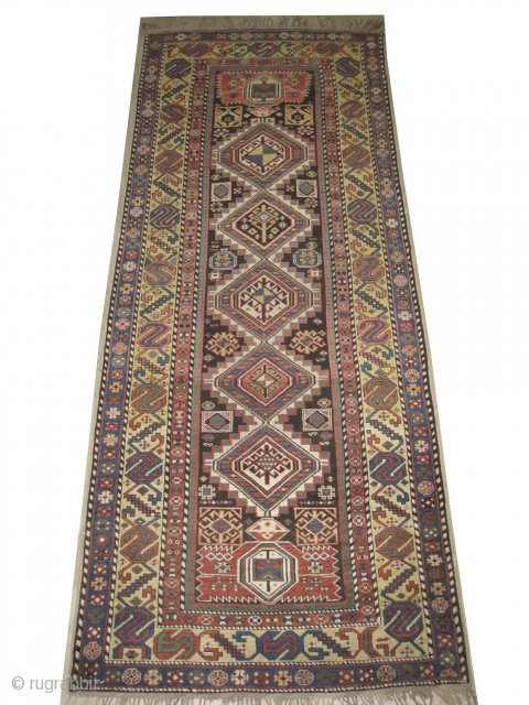 
Shirvan Caucasian knotted circa in 1905 antique, collector's item. 335 x 129 (cm) 11'  x 4' 3"  carpet ID: V-69
In good condition, high pile, the background color is indigo, the  ...