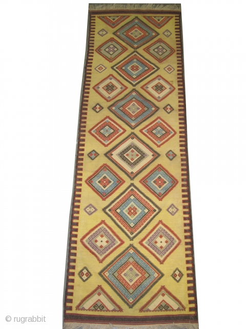 
Aydin Turkish kelim circa 1895 antique. Collector's item. Size: 262 x 80 (cm) 8' 7" x 2' 7"  carpet ID: A-837
Woven with hand spun wool and two different techniques flat and  ...