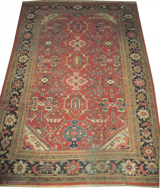 Mahal Persian, knotted circa in 1918 antique. 312 x 216 (cm) 10' 3" x 7' 1" 
 carpet ID: P-5854
The black knots are oxidized, the knots are hand spun wool, at the  ...