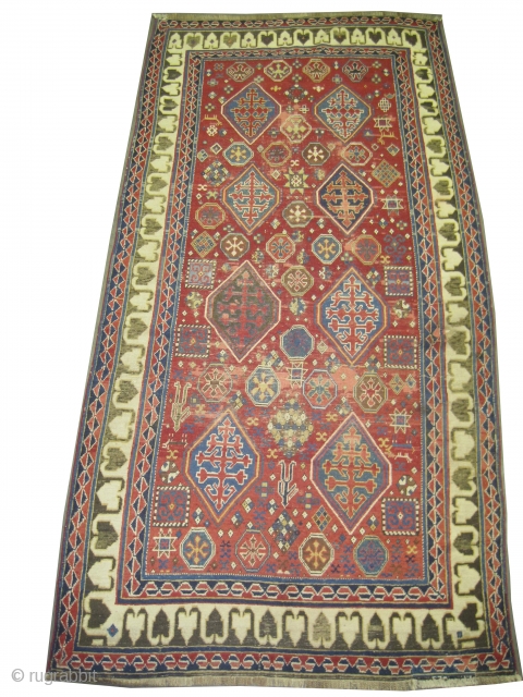 	

Bordjalou-Kazak Caucasian knotted circa in 1870 antique, collector's item, 275 x 140 (cm) 9'  x 4' 7"  carpet ID: K-3449
The black color is oxidized, the background color is rust, the  ...