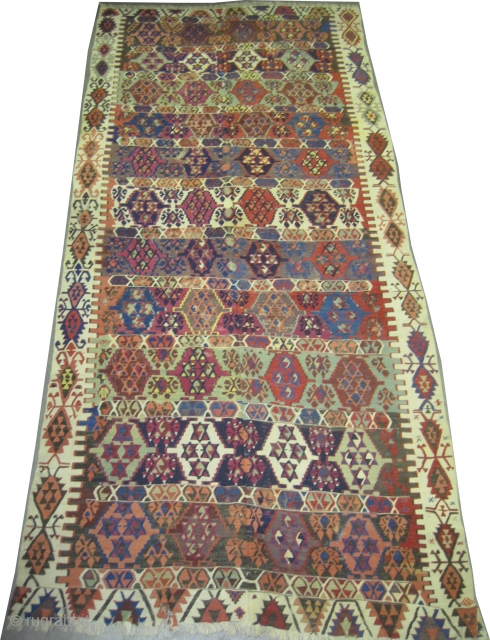 
Anatolian kilim, woven circa in 1860 antique, collector's item, 372 x 170 (cm) 12' 2" x 5' 7"  carpet ID: A-688
Woven with hand spun wool, from the last two edges small  ...