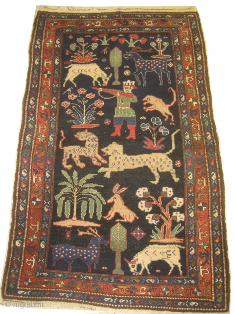 Enjilaz Persian, knotted circa in 1916, antique, 119 x 192 cm, carpet ID: DD-21
Indigo background designed with animals and trees, high pile in perfect condition and in its original shape, unique example,  ...