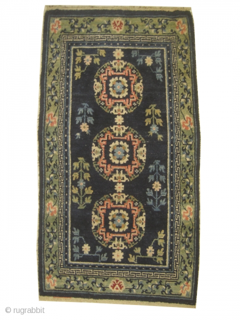 Chinese, knotted circa in 1900, antique, 73 x 135 cm, carpet ID: SRO-3 
The background is indigo, high pile in perfect condition.           