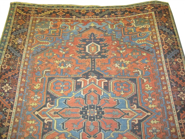 Heriz Persian knotted circa 1920 362 x 271 (cm) 11' 10" x 8' 11"  carpet ID: P-2889
The black knots are oxidized, the knots are hand spun wool, the shirazi borders are  ...