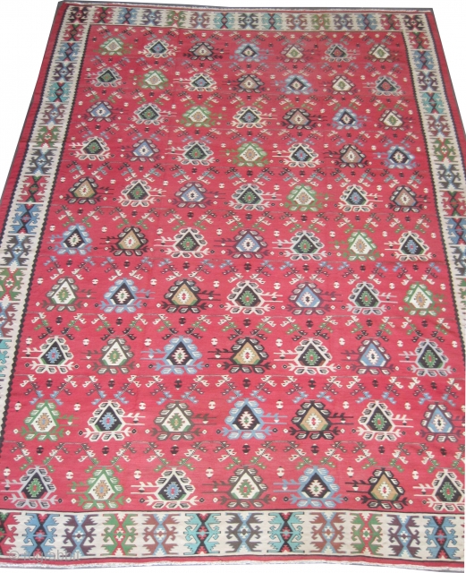 Sharkoy kilim Turkish, woven circa 1930, 343 x 258 cm, ID: A-804
All over geometric design, woven with hand spun wool, the background color is rust, the surrounded border is ivory, in perfect  ...