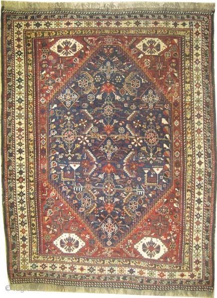 Qashqai Persian knotted circa in 1918 antique, collector's item. 197 x 152 (cm) 6' 6" x 5'  carpet ID: K-2310
The black color is oxidized, the knots are hand spun lamb wool,  ...