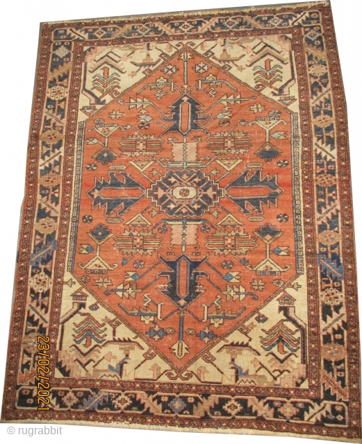 
Serapi Heriz Persian, knotted circa 1885 antique, 184 x 143 cm, ID: K-5540
The knots are hand spun wool, both selvages are woven on two lines with wool, the background color is warm  ...