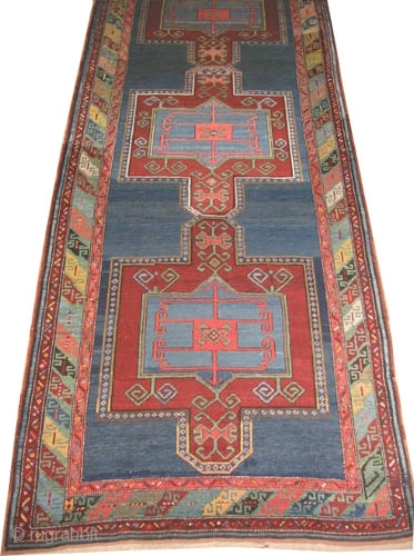 Fachralo Kazak Caucasian knotted circa in 1910 antique. Collector's item, Size: 337 x 134 (cm) 11' 1" x 4' 5"  carpet ID: H-127
The background color is indigo at the center three  ...