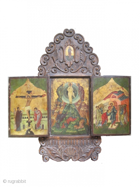 	

Triptych Russian icon, circa 1770, antique, collector's item, museum standard in good condition.
74 x 35 (cm) 2' 5" x 1' 2"  , IC-21         