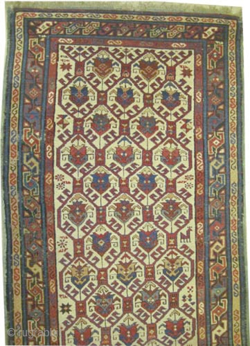 


Shirvan Caucasian, knotted circa in 1865 antique, collector's item. 170 x 88 (cm) 5' 7" x 2' 11"  carpet ID: H-360
The knots, the warp and the weft threads are hand spun  ...