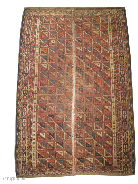 

Yomut Turkmen fragment, knotted circa 1870, antique, collectors item, 100 x 140 cm,  ID: SA-1227

Vegetable dyes, the black knots are oxidized, the knots are hand spun wool, the warp and the  ...