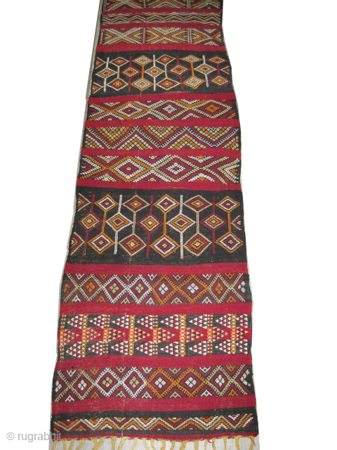 

Kilim, woven with hand spun 100% wool and goat hair, old, 80 x 396 cm, ID: LM-17
Geometric and decorative design, finely woven with hand spun wool and goat hair, in two different  ...