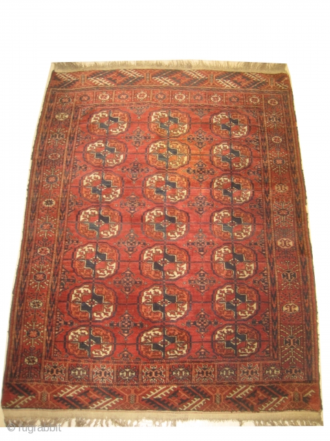 Tekke Boukhara Turkmen, knotted circa in 1885 antique, collectors item, 130 x 100 cm,  carpet ID: LUB-4
The black color is oxidized, high pile in good condition, both edges are finished with  ...