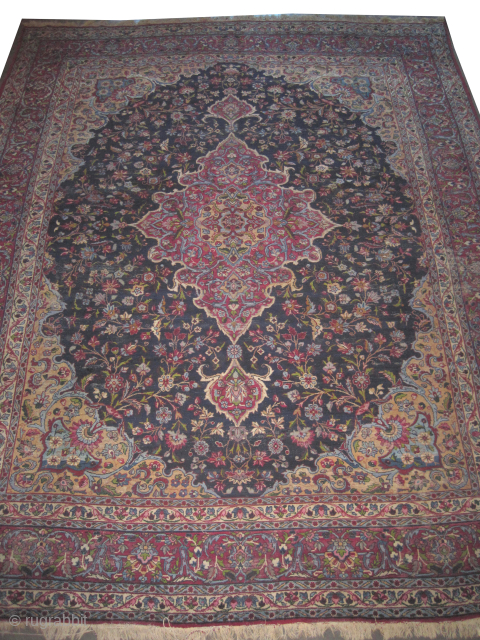 

Kirmanshah Persian old, 315 x 405 cm, ID: P-4758
The knots are hand spun wool, vegetable dyes, the black knots are oxidized, the background color is indigo, the center medallion is soft yellow  ...