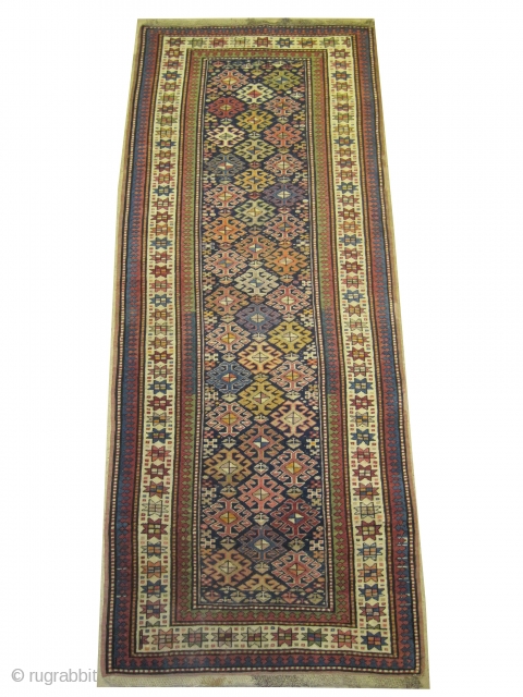 	

Fachralo-Kazak Caucasian knotted circa in 1918 antique, collectors item, Size: 258 x 102 (cm) 8' 6" x 3' 4"  carpet ID: RS-222
In good condition, high pile, indigo background with all over  ...