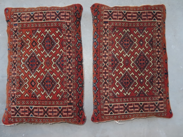 A pair of Yemouth cushions, knotted circa in 1922, antique, collectors item, in perfect condition, rust background. The knots, the warp and the weft threads are hand spun wool.    