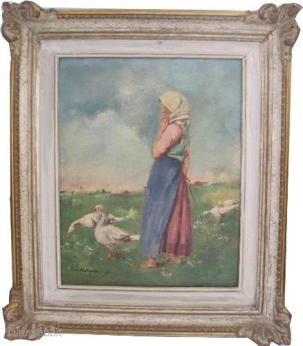 



 European oil paining (Hungar ?), 1870 Antique, museum standard, collector's item, good condition and signed.Size: 60 x 70 (cm) 2'  x 2' 4"  carpet ID: FP-2    