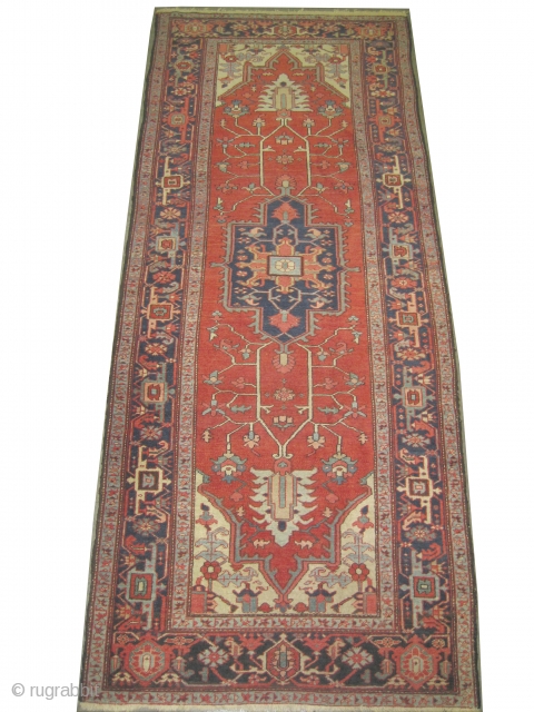 
Serapi Heriz Persian circa 1895 antique. Spectacular rare example, Size: 336 x 138 (cm) 11'  x 4' 6"  carpet ID: P-5780
vegetable dyes, the black color is oxidized, the knots are  ...