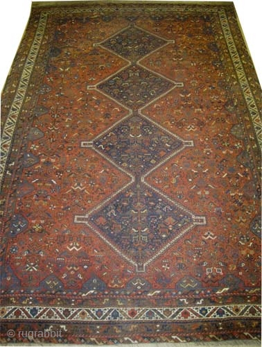 	

Shiraz Persian knotted circa in 1920 antique, collector's item, 420  x  270 (cm) 13' 9" x 8' 10"  carpet ID: P-6259
The black knots are oxidized. The knots, the warp  ...