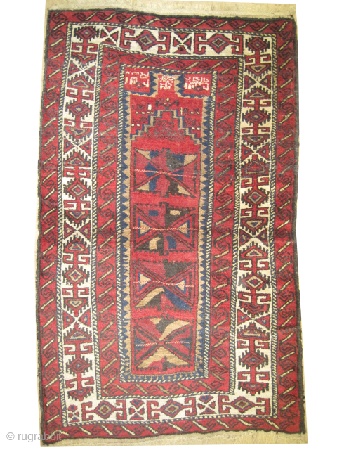 
:

Belutch Afghan, dated 1331= 1912, and with inscriptions, 83 x 135 cm, ID: 325AF
Prayer design, the warp and the weft threads are 100% wool, the surrounding ivory border with Cufic design, the  ...