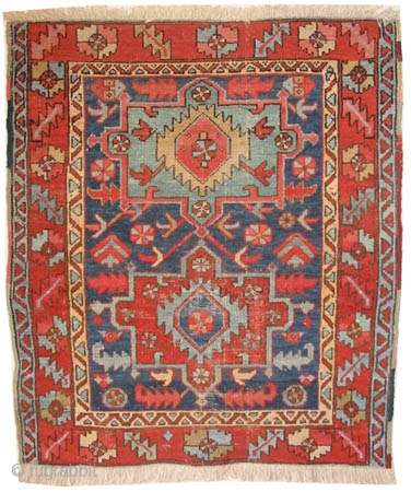 
 	

 Bakshaish Heriz Persian circa 1890 antique. Collector's item, Size: 111 x 98 (cm) 3' 8" x 3' 3"  carept ID: K-4141
vegetable dyes,the knots are hand spun wool, the black  ...