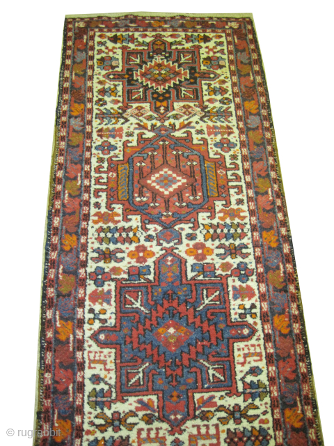 
Karadja Persian, knotted circa 1935, 71 x 302 cm, ID: K-2114
The knots are hand spun wool, the background color is ivory, geometric design, the selvages are woven on two lines, thick pile  ...