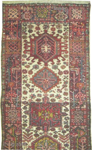 Karadja Persian, knotted circa 1935, semi antique, 78 x 268 cm, ID: K-4399
The knots are hand spun wool, in good condition, ivory background.          