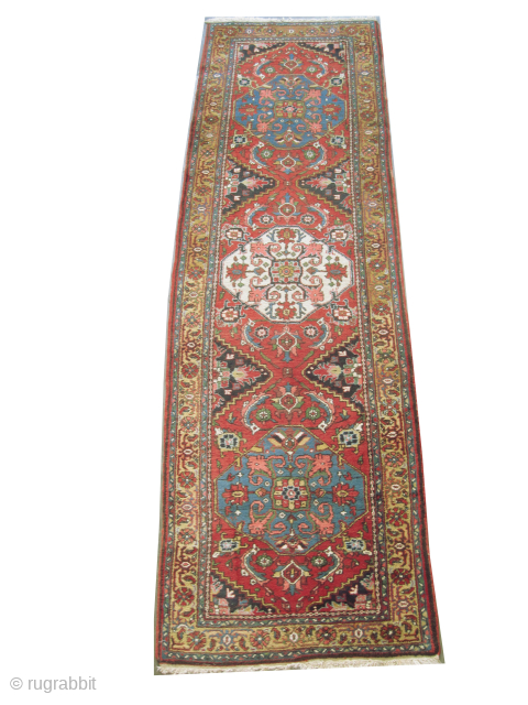 

Heriz Persian, semi antique, 97 x 326 cm, ID: K-5337 
The black knots are oxidized, the knots are hand spun wool, the shirazi borders are woven on two lines, the edges are  ...