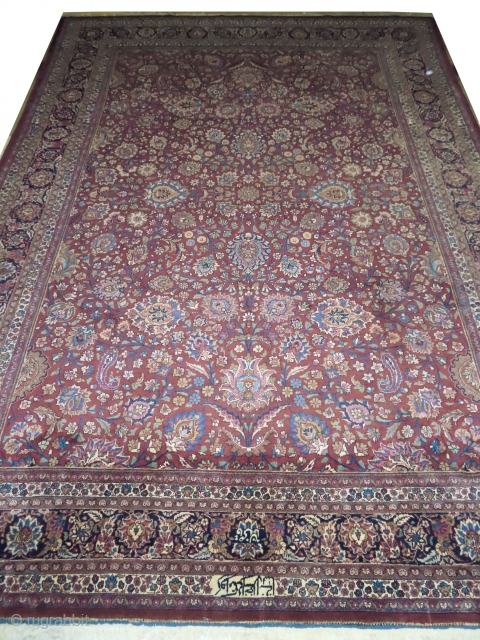 Birdjend Persian signed and old, 456 x 332 cm, carpet ID: MAM-3
The knots are hand spun wool, the background is warm rust, allover floral design, thick pile in perfect condition.   