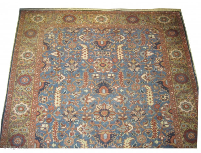 
Bakshaish Heriz Pesian circa 1910 antique.
Size: 279 x 216 (cm) 9' 2" x 7' 1"  carpet ID: P-5884 
Vegetable dyes, all over design, sky blue background, the surrounding border is gold  ...