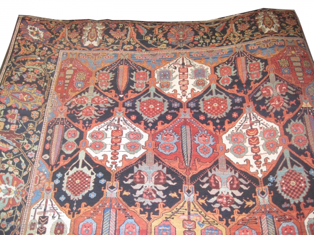 Baktiar Persian circa 1895 antique.  Size: 392 x 313 (cm) 12' 10" x 10' 3"  carpet ID: P-6111 
vegetable dyes, the black wool is oxidized, the knots are hand spun  ...