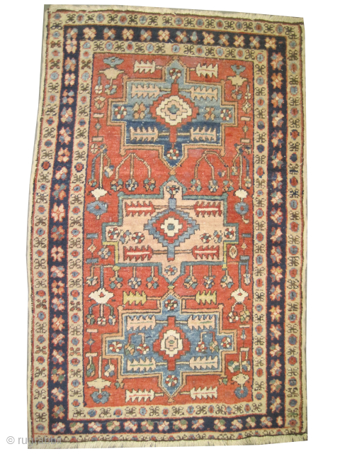 


Serapi-Heriz Persian, knotted circa 1900, antique, 80 x 134 cm, ID: K-749
The black knots are oxidized, the knots are hand spun wool, the selvages are woven on two lines, the background is  ...