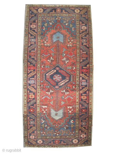 

Serapi-Heriz Persian, knotted circa 1890 antique, 90 x 186 cm, ID: P-2363
The black knots are oxidized, the knots are hand spun wool, the shirazi borders are woven on two lines, uniformly short  ...