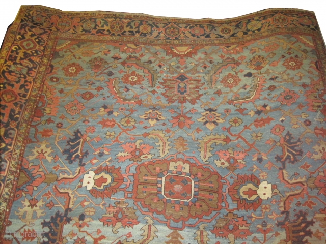 Bakshaish-Heriz Persian circa 1885 antique. Size: 330 x 298 (cm) 10' 10" x 9' 9"  carpet ID: P=5656
 Vegetable dyes, the knots are hand spun wool, sky blue background with abrashes,  ...