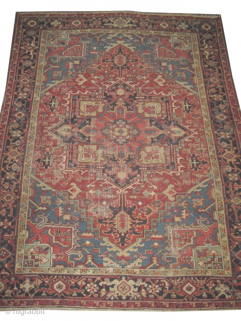 Heriz Persian knotted circa in 1920 antique, 302 x 230  carpet ID: P-3982
The knots are hand spun wool, the black knots are oxidized, the shirazi borders are woven on two lines  ...