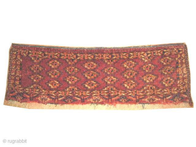 Tekke Turkmen knotted circa 1870 antique, collectors item, 24 x 77 cm, ID: BC-2
Vegetable dyes, the black knots are oxidized, the knots are hand spun lamb wool, high standard quality, up part  ...