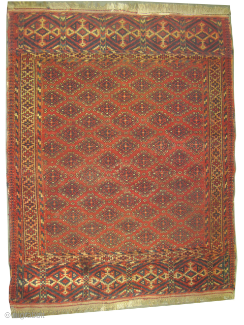 Yemouth Turkmen knotted circa 1885 antique, collectors item, 130 x 105 cm, ID: E-284
The warp and the weft threads are 100% wool, the knots are hand spun wool, both edges are finished  ...