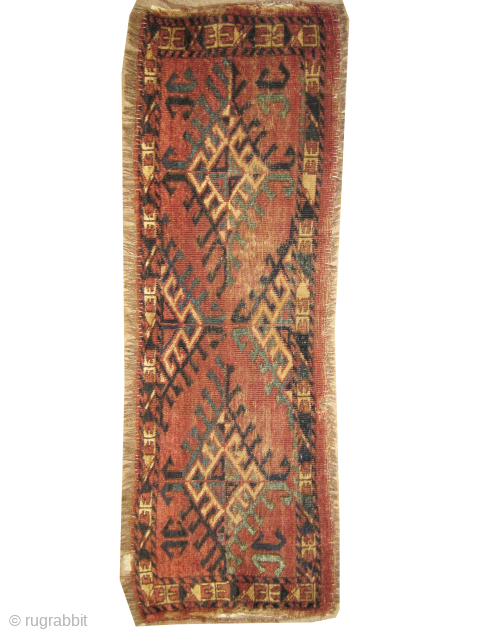 
Ersari Turkmen, knotted circa 1780 antique, collectors item, museum standard, 37 x 121 cm, ID: K-5798
The knots are hand spun Pashmina wool, the brown knots are oxidized, vegetable dyes, the warp and  ...