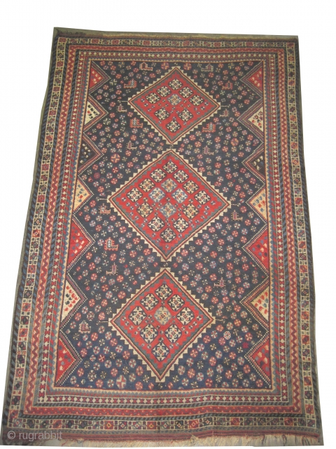  	

Shiraz Persian circa 1905 antique. Collector's item, Size: 233 x 151 (cm) 7' 8" x 4' 11"  carpet ID: E-50
vegetable dyes, the black color is oxidized, the background is indigo,  ...