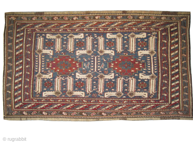 

Soumak Caucasian, woven circa 1865 antique, 60 x 107 cm, ID: A-873
High standard collectors item,woven with hand spun wool in Soumak technique, the white color is cotton, the background color is sky  ...