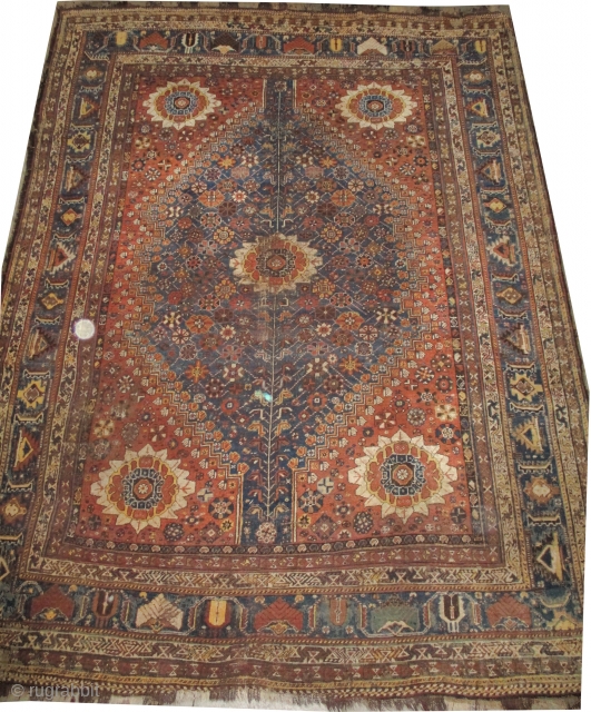 


Qashqai Persian knotted circa in 1905 antique, collectors item, 300 x 228 cm, 
 carpet ID: P-5980
The black knots are oxidized. The knots, the warp and the weft threads are mixed with  ...