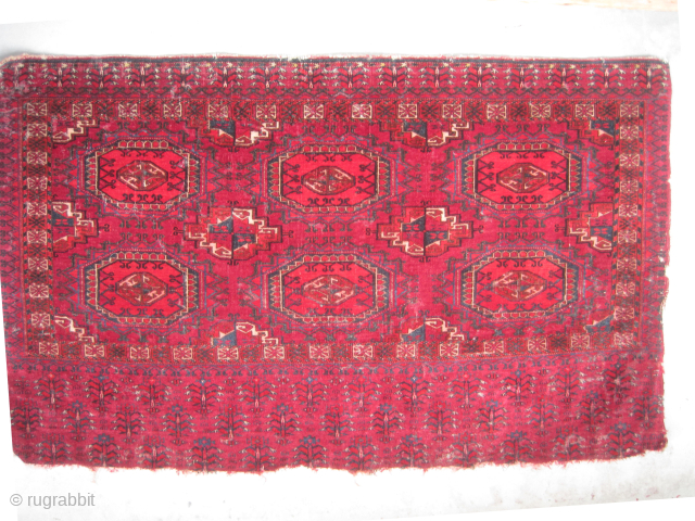 Turkmen tschwal knotted circa 1915 antique, collectors item, 77 x 123 cm, ID: RSZ-4
 the black knots are oxidized, the knots are hand spun lamb wool, the warp and the knots are  ...