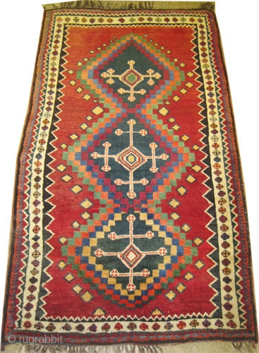 	

 Gabbeh Nomad Persian old, collector's item. Size: 197 x 119 (cm) 6' 6" x 3' 11" 
 carpet ID: M-388
Vegetable dyes, the knots are hand spun wool, the warp and the  ...