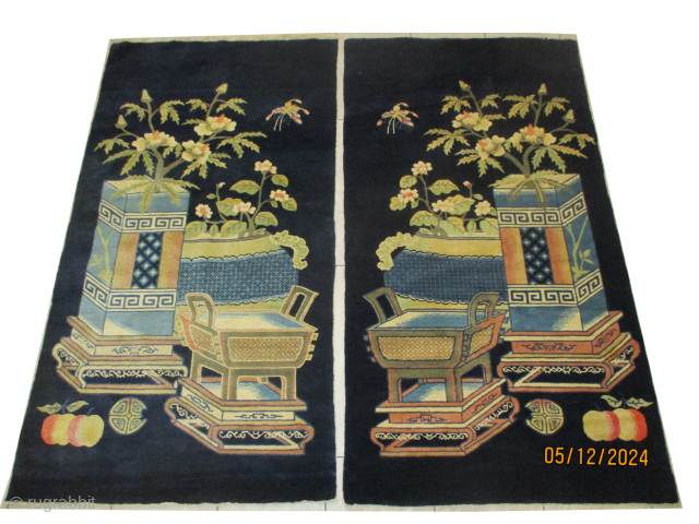 A pair of Chinese rugs, knotted circa 1910, antique, 92 x 171 cm, ID: KZM-11 and KZM-12
Vase design, indigo background, vegetable dyes, knotted with lamb wool, thick pile, in perfect condition, rare  ...