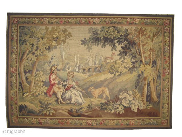 
French tapestry, woven circa 1870, antique, 120 x 180 cm, ID: MZ-1
Vegetable dyes, hand woven with hand spun wool, in perfect condition, the white color is silk.
      