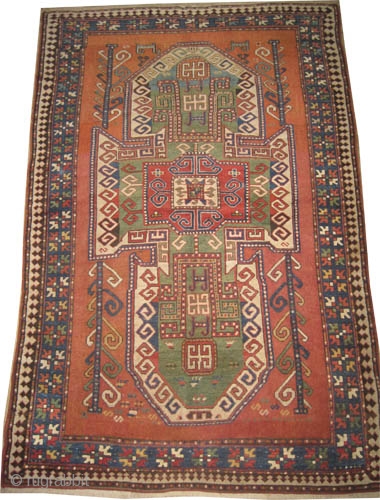


Sevan kazak Caucasian knotted circa in 1865 antique, collector's item, 245 x 164 (cm) 8'  x 5' 5"  carpet ID: K-3188
The black knots are oxidized, both edges are finished with  ...