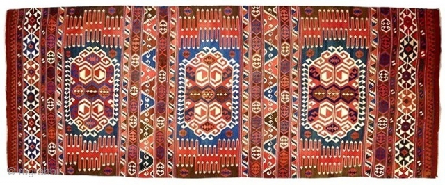 Anatolian Karapinar kilim, approx 5x12 feet, c 1850, the center medallion is blue the other two are blue-green, excellent condition.             